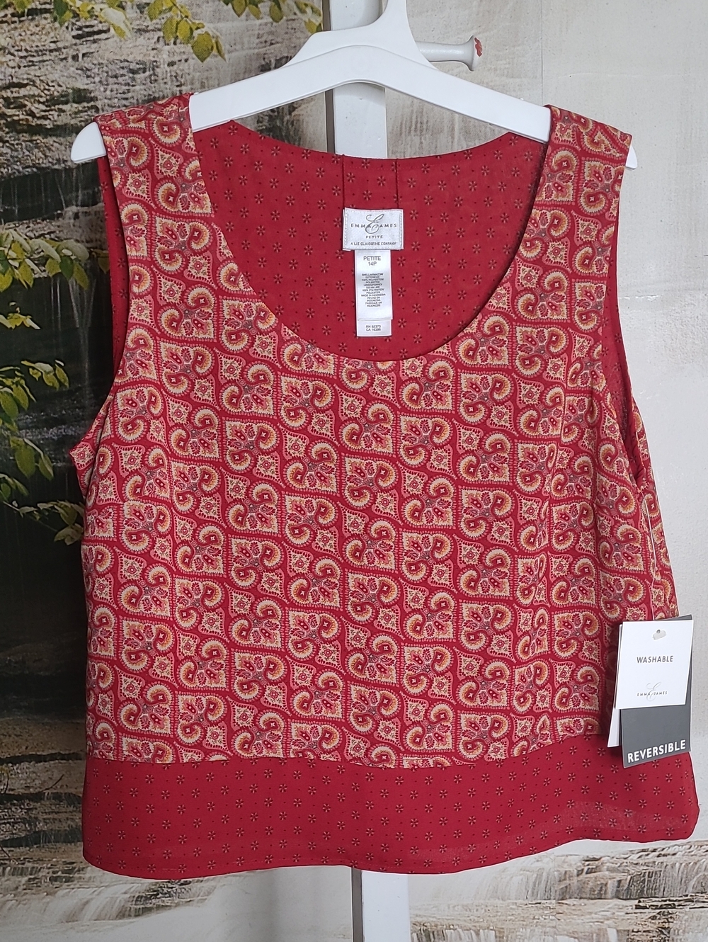 New! Emma James Womens 14 Petite Burgundy Paisley Reversible Sleeveless Top